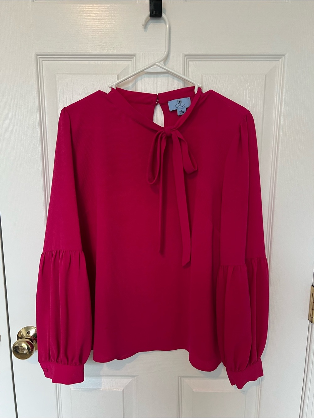 CeCe Hot Pink Tie-Neck Bishop Sleeve Blouse